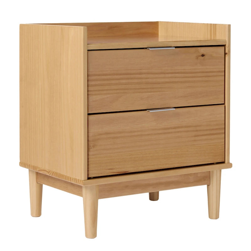 Solid Pine Wood 2-Drawer Nightstand with Gallery Top, Multiple Colors