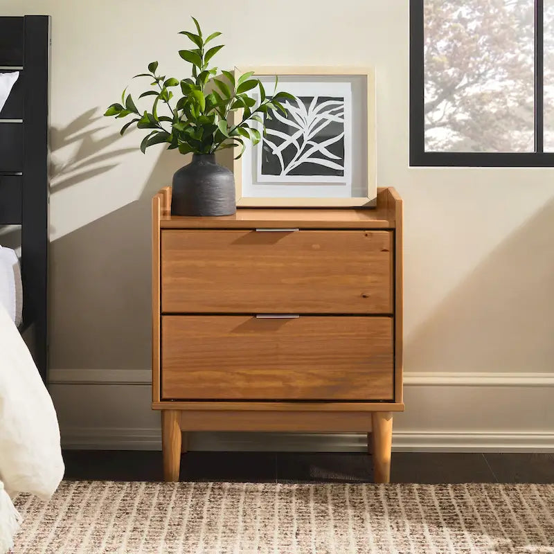 Solid Pine Wood 2-Drawer Nightstand with Gallery Top, Multiple Colors