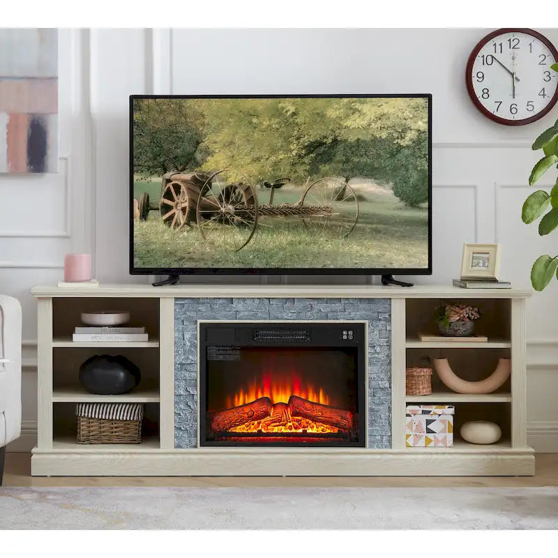 White TV Stand with Electric Fireplace Insert and Faux Stone Surround
