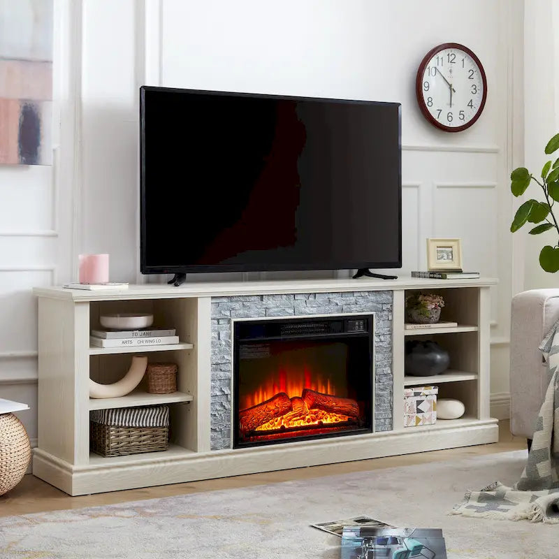 White TV Stand with Electric Fireplace Insert and Faux Stone Surround