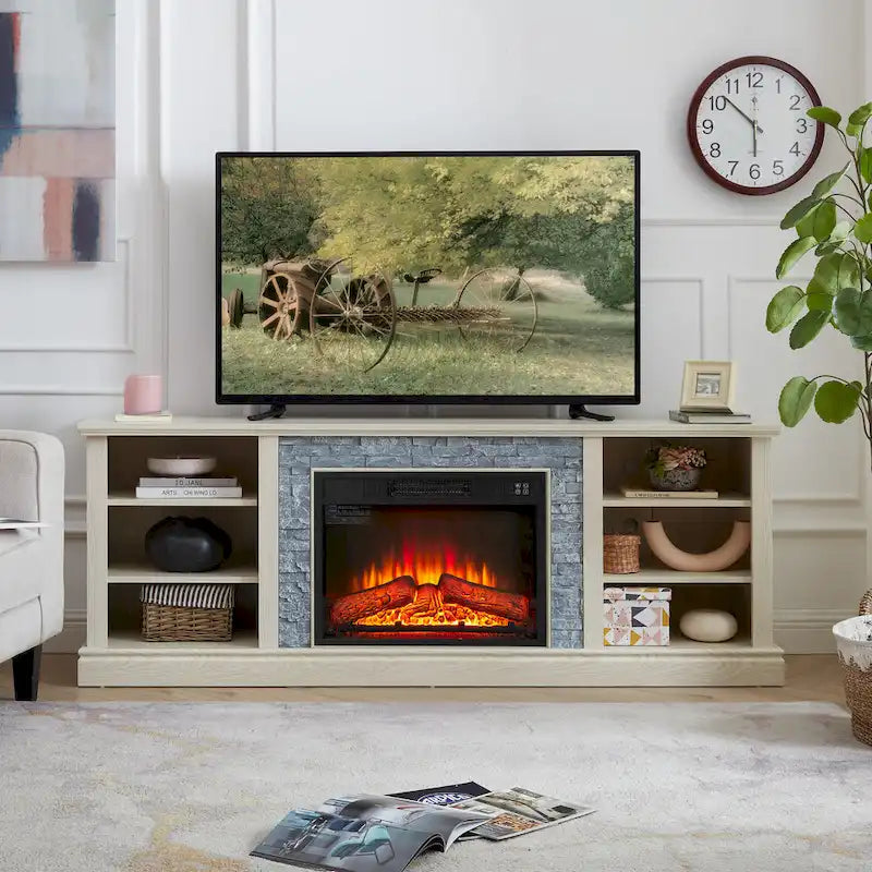 White TV Stand with Electric Fireplace Insert and Faux Stone Surround