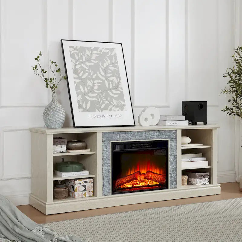 White TV Stand with Electric Fireplace Insert and Faux Stone Surround