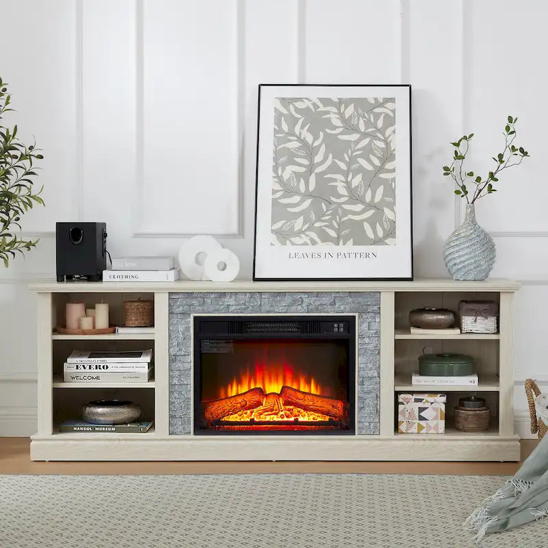 White TV Stand with Electric Fireplace Insert and Faux Stone Surround