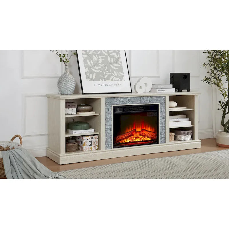 White TV Stand with Electric Fireplace Insert and Faux Stone Surround