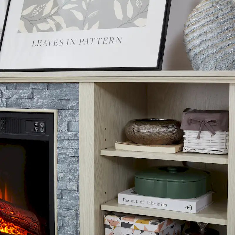 White TV Stand with Electric Fireplace Insert and Faux Stone Surround