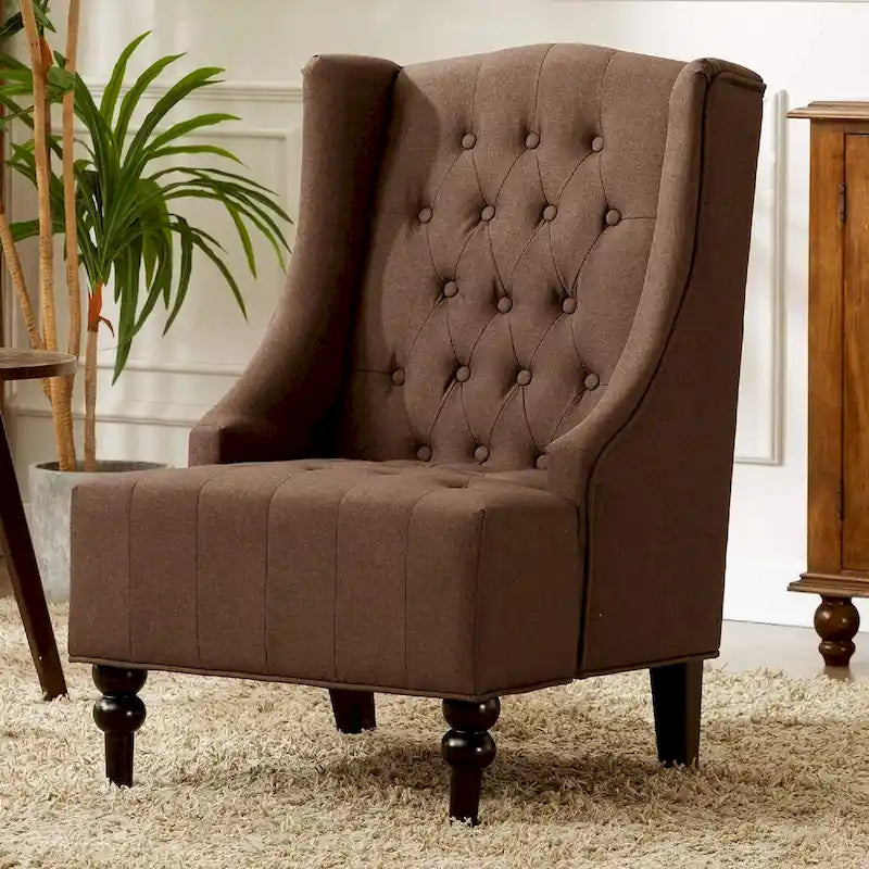 Brown Tufted Wingback Accent Chair with Solid Wood Legs Chocolate Fabric