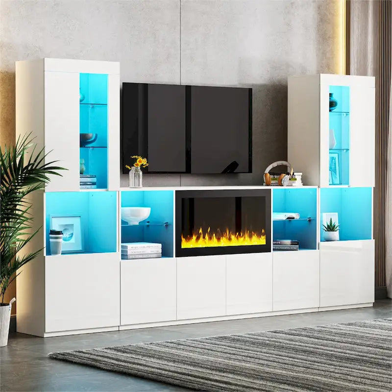 Entertainment Center with Electric Fireplace LED Lights Glass Shelves White Black