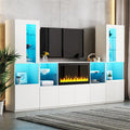 Entertainment Center with Electric Fireplace LED Lights Glass Shelves White Black