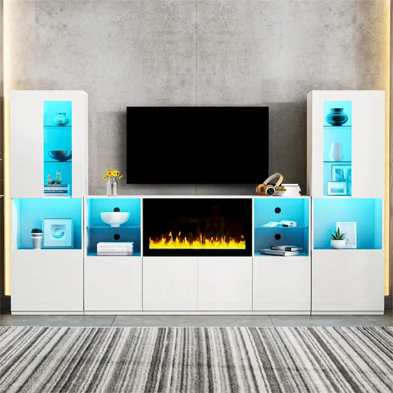 Entertainment Center with Electric Fireplace LED Lights Glass Shelves White Black