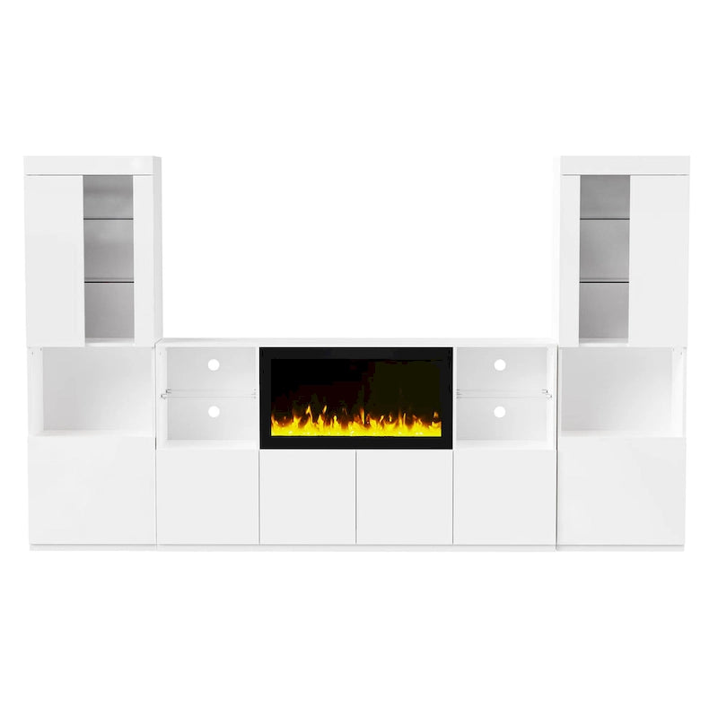 Entertainment Center with Electric Fireplace LED Lights Glass Shelves White Black