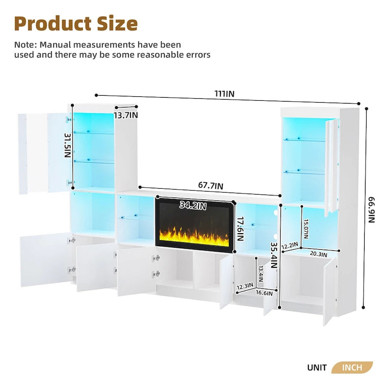 Entertainment Center with Electric Fireplace LED Lights Glass Shelves White Black