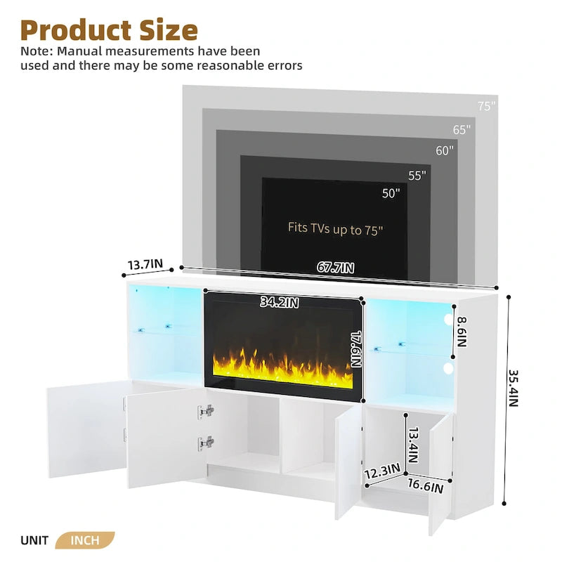 Entertainment Center with Electric Fireplace LED Lights Glass Shelves White Black