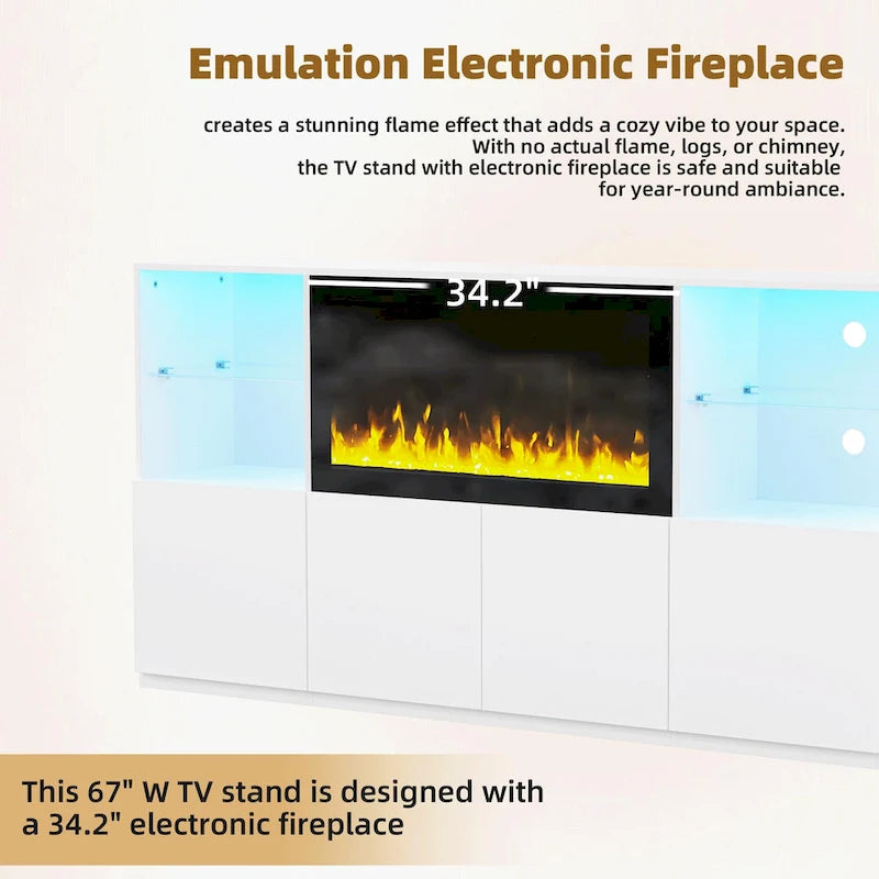 Entertainment Center with Electric Fireplace LED Lights Glass Shelves White Black