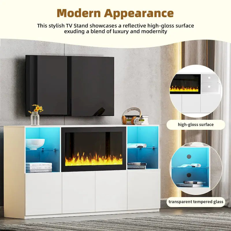Entertainment Center with Electric Fireplace LED Lights Glass Shelves White Black