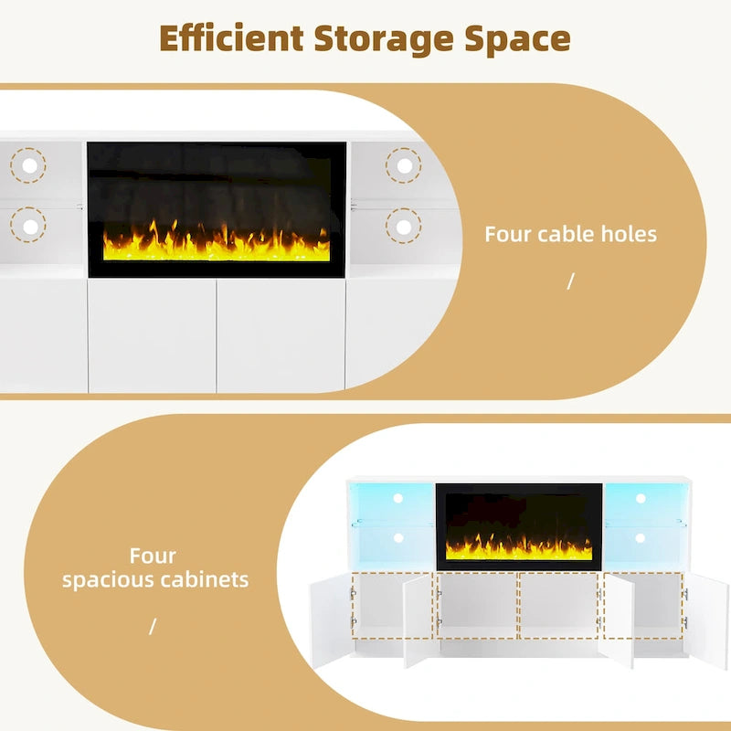 Entertainment Center with Electric Fireplace LED Lights Glass Shelves White Black