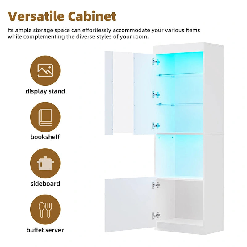 Entertainment Center with Electric Fireplace LED Lights Glass Shelves White Black