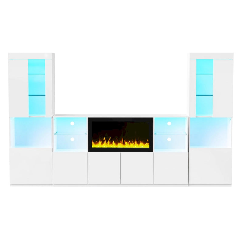 Entertainment Center with Electric Fireplace LED Lights Glass Shelves White Black