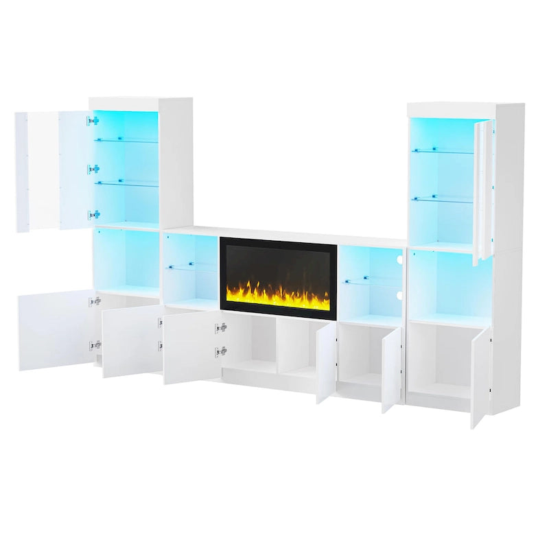 Entertainment Center with Electric Fireplace LED Lights Glass Shelves White Black