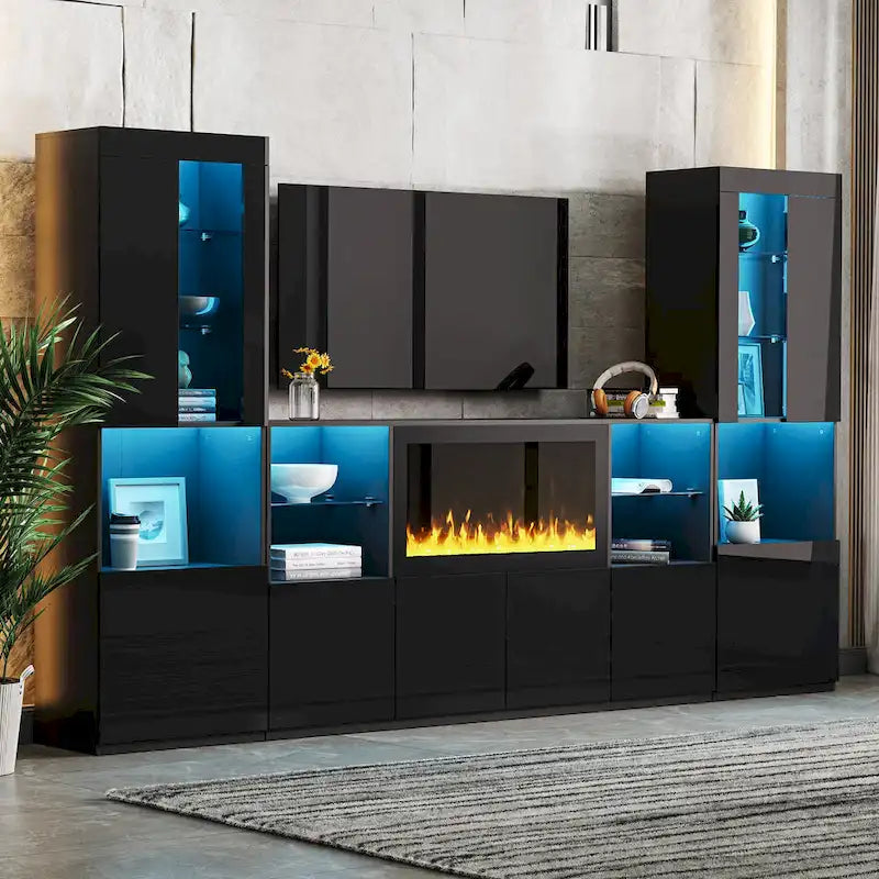 Entertainment Center with Electric Fireplace LED Lights Glass Shelves White Black