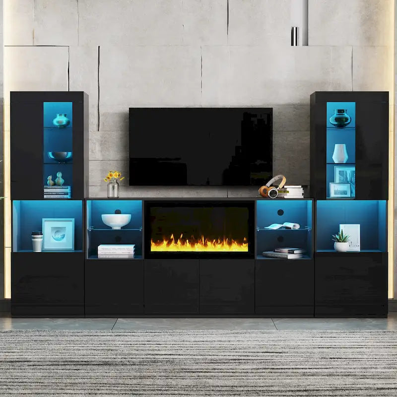 Entertainment Center with Electric Fireplace LED Lights Glass Shelves White Black