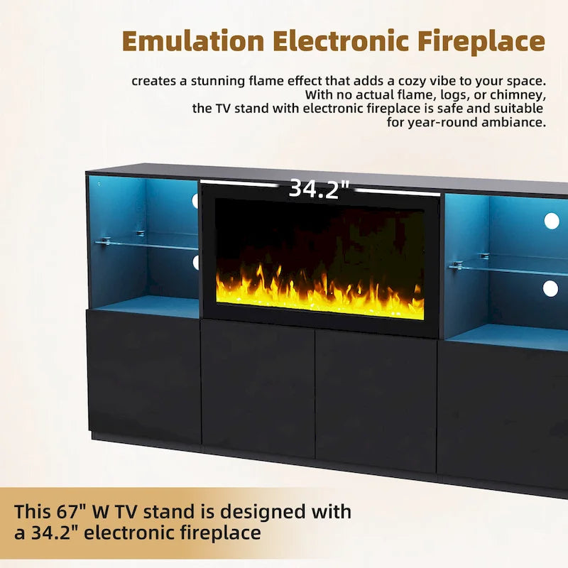 Entertainment Center with Electric Fireplace LED Lights Glass Shelves White Black