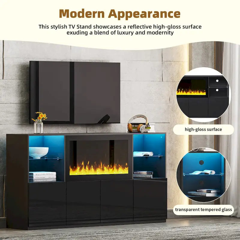 Entertainment Center with Electric Fireplace LED Lights Glass Shelves White Black
