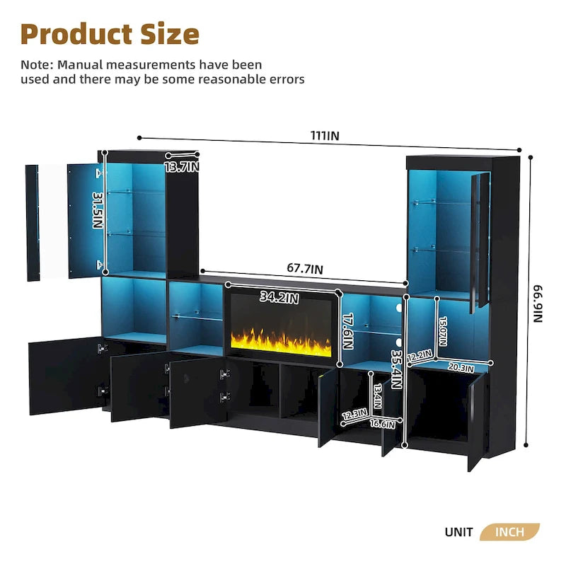 Entertainment Center with Electric Fireplace LED Lights Glass Shelves White Black