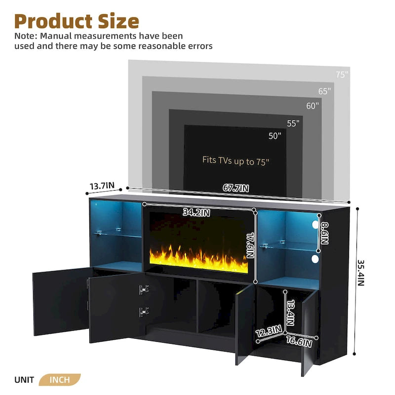 Entertainment Center with Electric Fireplace LED Lights Glass Shelves White Black