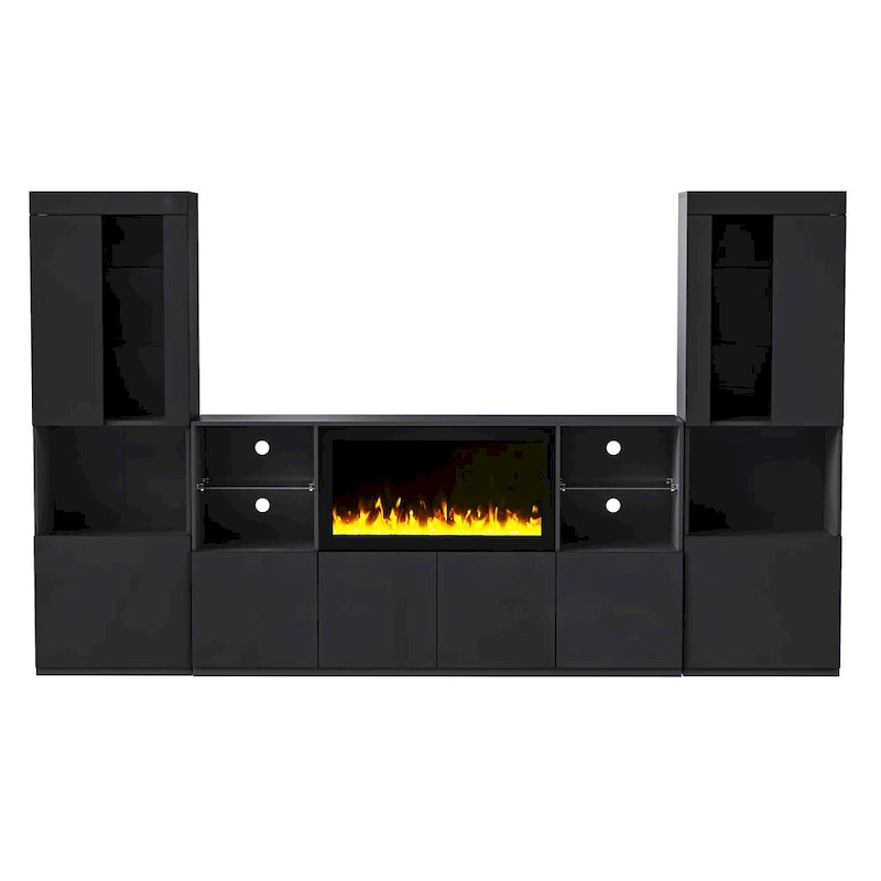 Entertainment Center with Electric Fireplace LED Lights Glass Shelves White Black