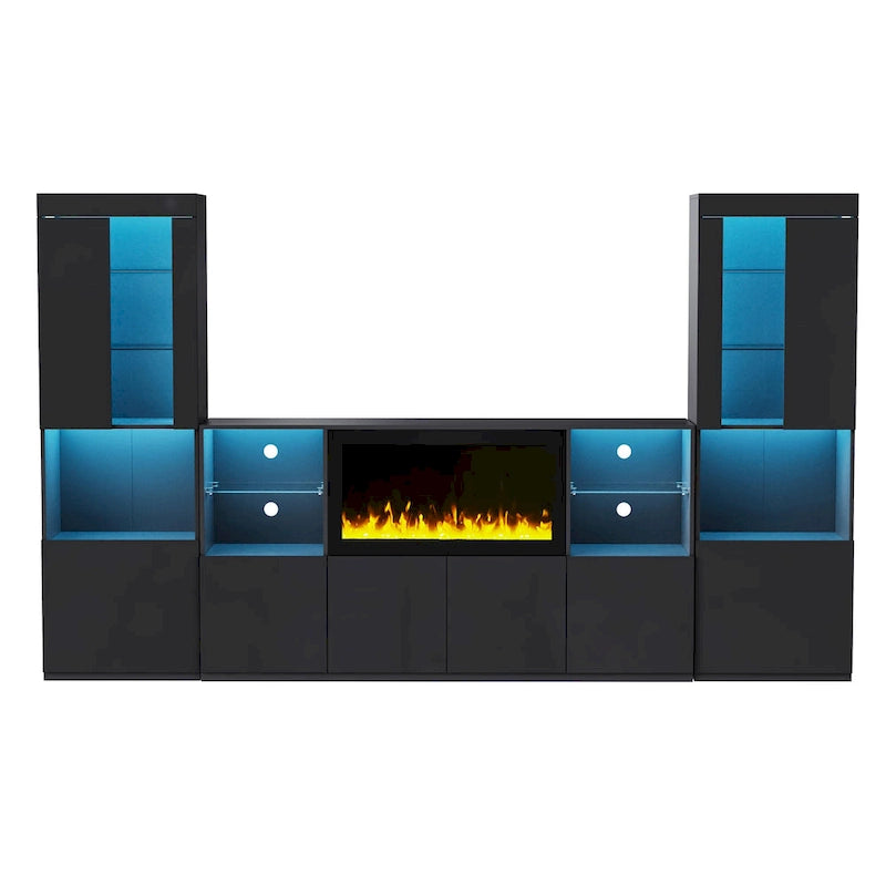 Entertainment Center with Electric Fireplace LED Lights Glass Shelves White Black
