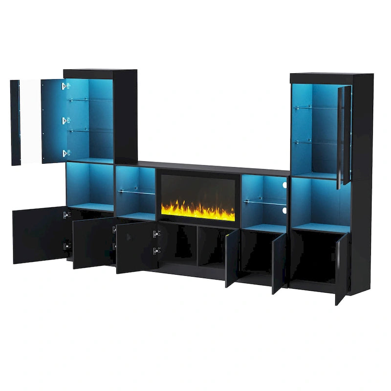 Entertainment Center with Electric Fireplace LED Lights Glass Shelves White Black