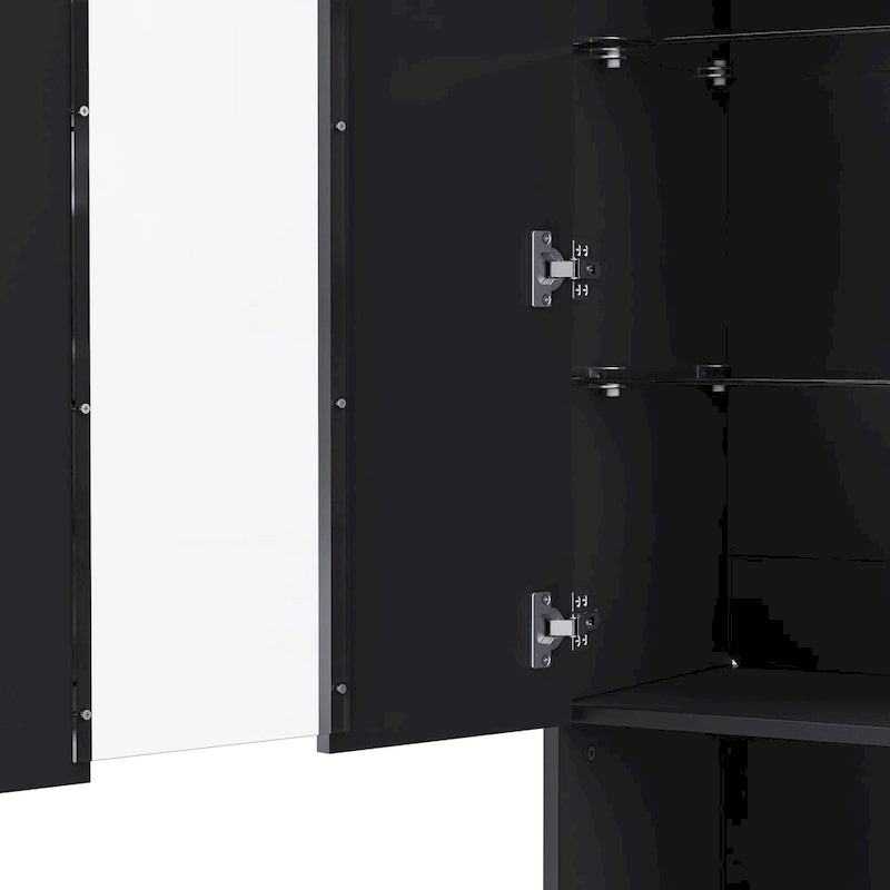 Entertainment Center with Electric Fireplace LED Lights Glass Shelves White Black