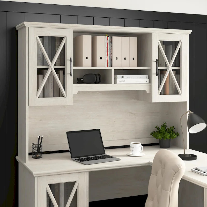 60W Farmhouse Hutch Linen White Oak Glass Door Cabinet with Open Shelves