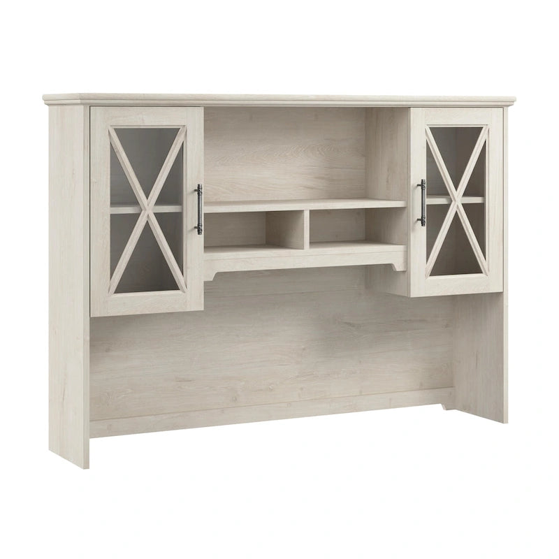 60W Farmhouse Hutch Linen White Oak Glass Door Cabinet with Open Shelves