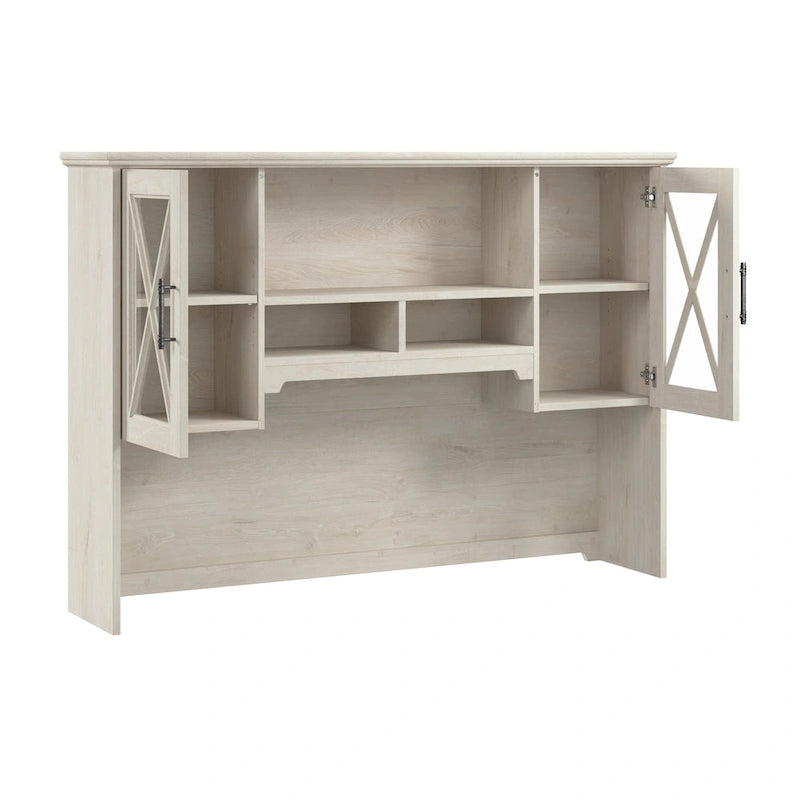 60W Farmhouse Hutch Linen White Oak Glass Door Cabinet with Open Shelves