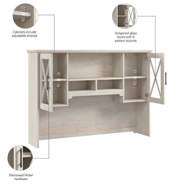 60W Farmhouse Hutch Linen White Oak Glass Door Cabinet with Open Shelves