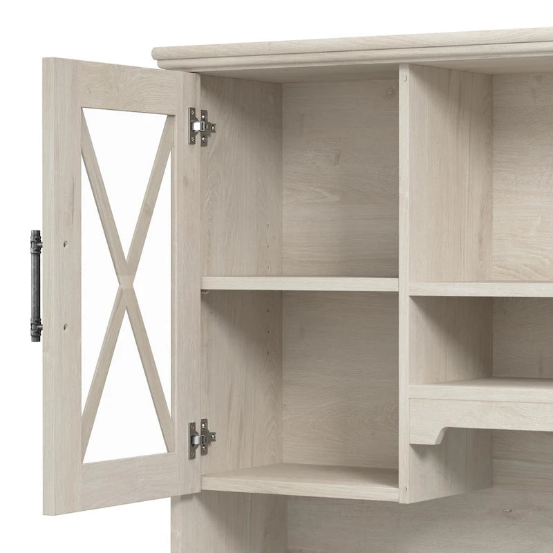 60W Farmhouse Hutch Linen White Oak Glass Door Cabinet with Open Shelves