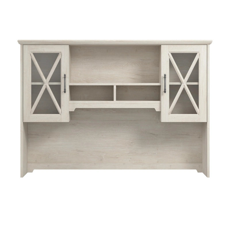 60W Farmhouse Hutch Linen White Oak Glass Door Cabinet with Open Shelves