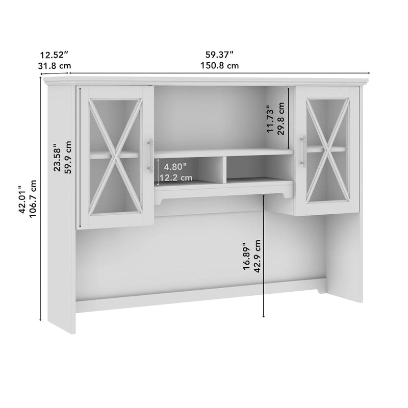 60W Farmhouse Hutch Linen White Oak Glass Door Cabinet with Open Shelves