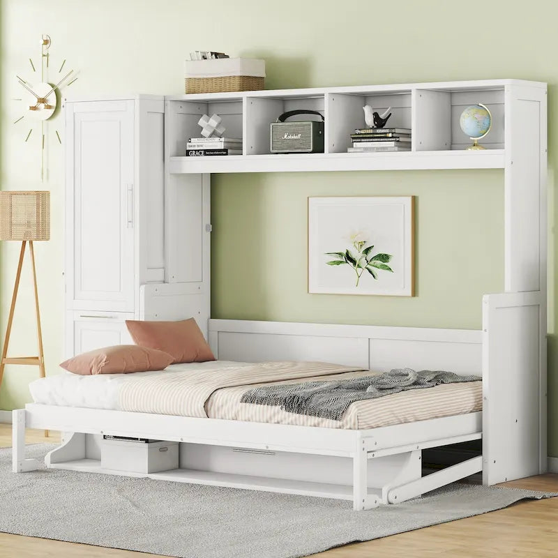 Space-Saving Wall Bed with Wardrobe and Drawer Storage in White or Gray
