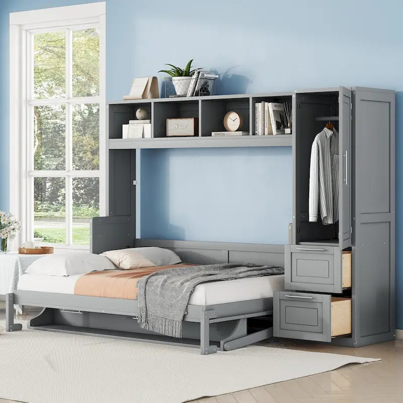 Letto a scomparsa salvaspazio con armadio e cassetti contenitori, bianco o grigio