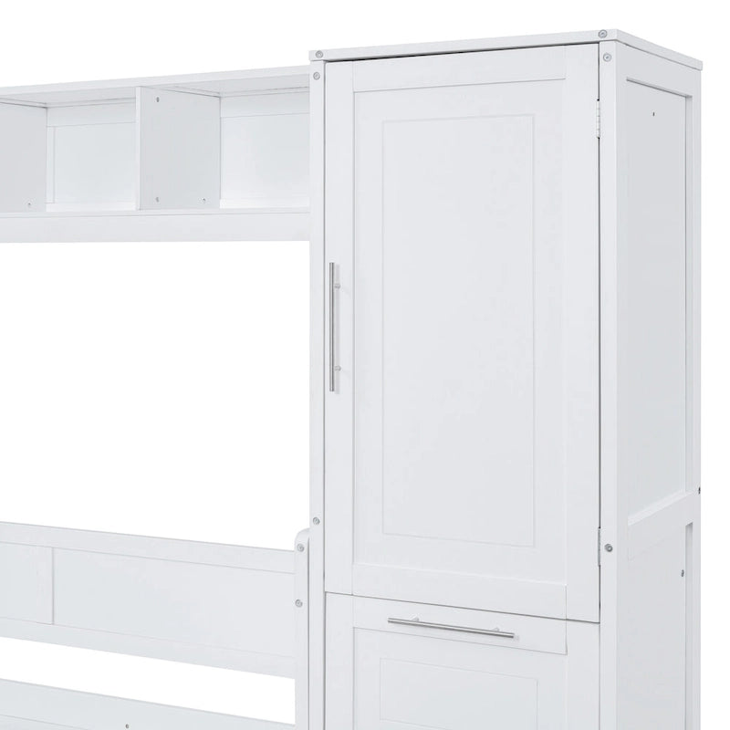 Space-Saving Wall Bed with Wardrobe and Drawer Storage in White or Gray