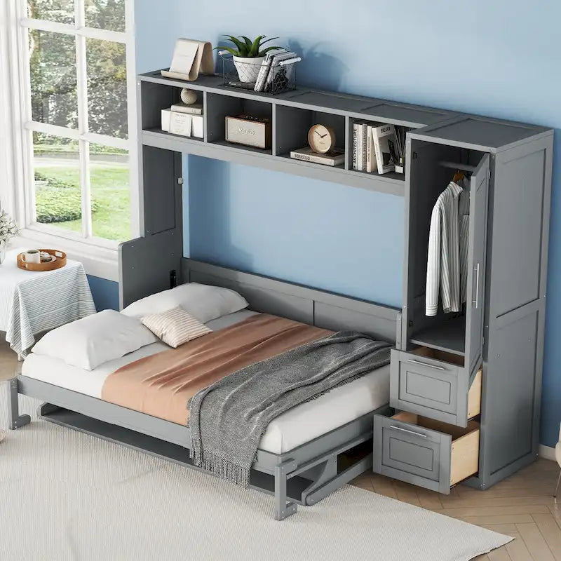 Space-Saving Wall Bed with Wardrobe and Drawer Storage in White or Gray