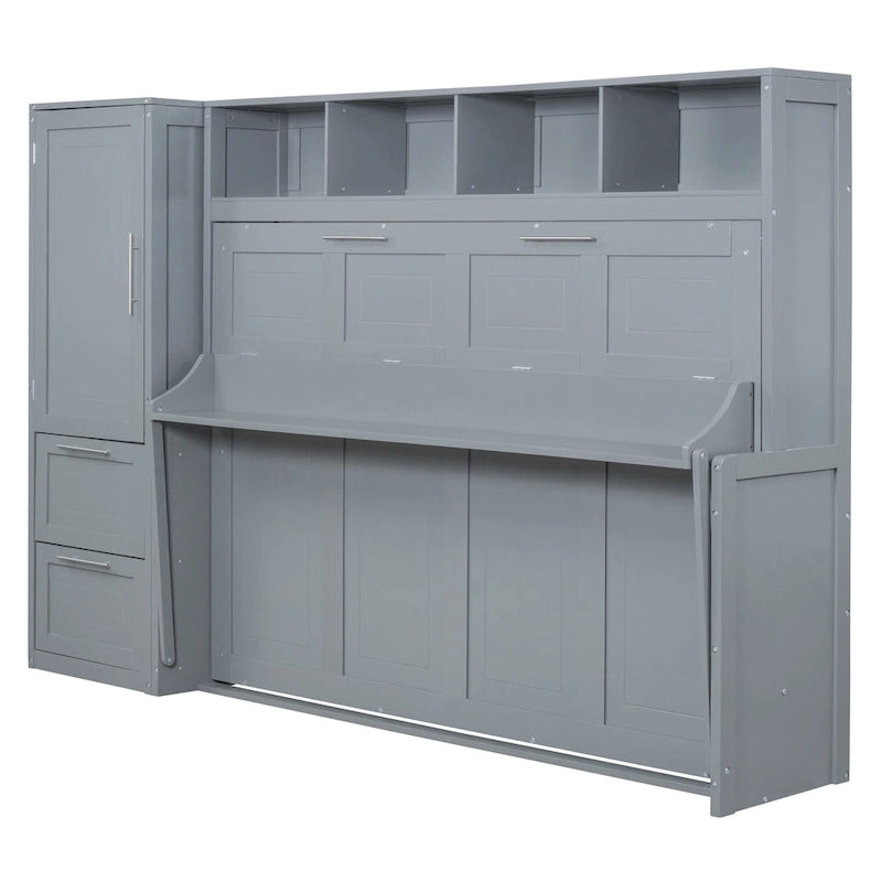 Space-Saving Wall Bed with Wardrobe and Drawer Storage in White or Gray