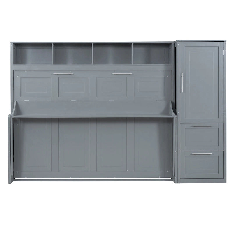 Space-Saving Wall Bed with Wardrobe and Drawer Storage in White or Gray