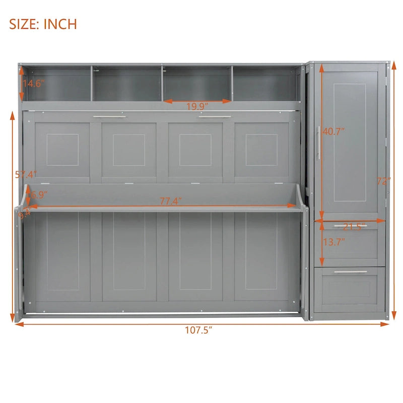 Space-Saving Wall Bed with Wardrobe and Drawer Storage in White or Gray