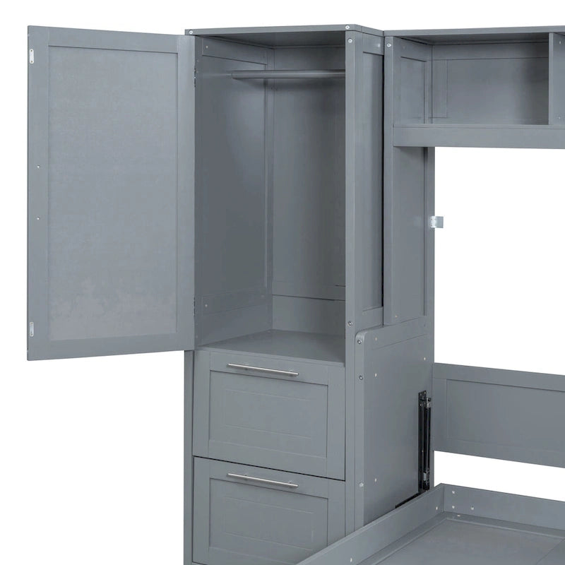 Space-Saving Wall Bed with Wardrobe and Drawer Storage in White or Gray