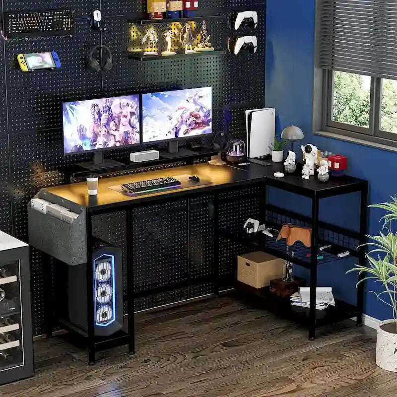 L-Shaped Corner Gaming Desk with Power Outlets RGB Lights Storage Shelves