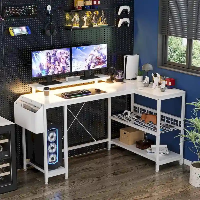 L-Shaped Corner Gaming Desk with Power Outlets RGB Lights Storage Shelves