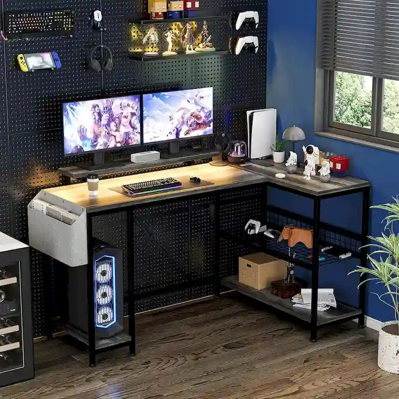 L-Shaped Corner Gaming Desk with Power Outlets RGB Lights Storage Shelves